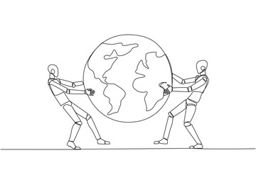 Poster - single one line drawing two strong robot fighting over the globe. fighting over the area that will b