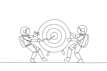 Poster - Single continuous line drawing two angry astronaut fighting over arrow target board. Fighting for who will get achievement first. Versus. Attack. Conflict. Space. One line design vector illustration
