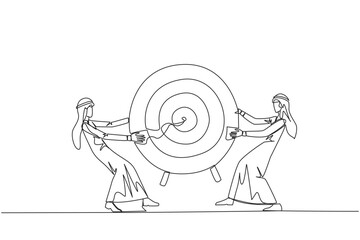 Poster - Single one line drawing two angry Arabian businessman fighting over arrow target board. Fighting for who will get the achievement first. Attack. Conflict. Continuous line design graphic illustration