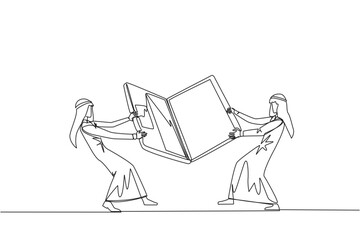 Fototapete - Single continuous line drawing two emotional Arabian businessman fighting over laptop. Fighting for information about very good area to be the next target market. One line design vector illustration