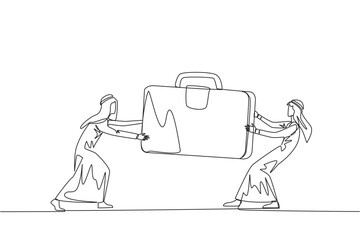 Single one line drawing two aggressive Arabian businessman fighting over briefcase. Fight over the client data contained in the bag. Businessman attack. Continuous line design graphic illustration