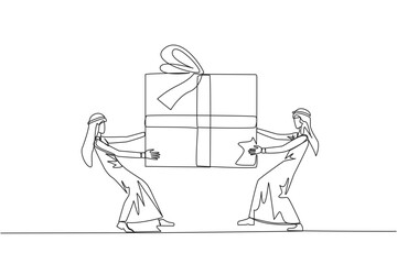 Poster - continuous one line drawing two professional arabian businessman fighting over gift box. entrepreneu