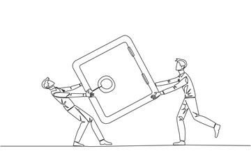 Poster - Single continuous line drawing two businessman fighting over safe deposit box. Fight for a safe place to store important data. Businessman conflict. Competition. One line design vector illustration