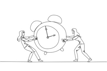 Poster - Single continuous line drawing two emotional businesswoman fighting over the big alarm clock. The concept of fighting for rare items for prestige. Conflict. Attack. One line design vector illustration