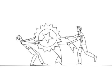 Poster - single continuous line drawing two angry businessman fighting over medal award. both feel worthy of 