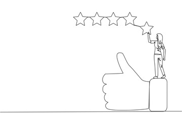 Poster - Single continuous line drawing young happy smiling woman standing on the thumbs up wants to attach the stars to form 5 stars in a row. Give review or good feedback. One line design vector illustration