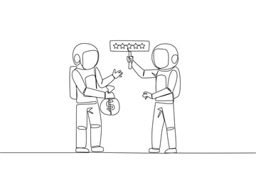 Poster - Single one line drawing two astronauts standing opposite each other. The one carry money bag, the other carry rating board with 5 stars. Buy and selling reviews. Continuous line graphic illustration