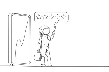 Poster - Single continuous line drawing astronaut come out of big smartphone carry shopping bag the other hand typing smartphone. Online shopping concept. Ecommerce. Cosmic. One line design vector illustration