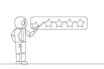 Poster - Continuous one line drawing astronaut standing holding 1 star want to make it 5 star array. Satisfied customers give perfect rating. Star rating. Galaxy. Single line draw design vector illustration