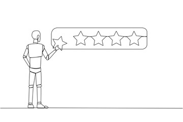 Poster - Single continuous line drawing robotic standing holding 1 star and want to make it 5 star array. Satisfied customers and give perfect rating. Star rating. AI tech. One line design vector illustration