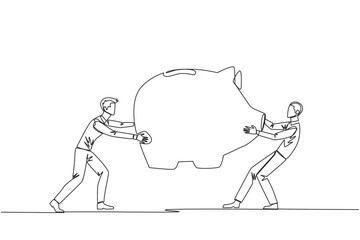 Poster - Single one line drawing two selfish businessman fighting over big piggy bank. Arguing and each other feel entitled. Businessman versus businessman. Attack. Continuous line design graphic illustration