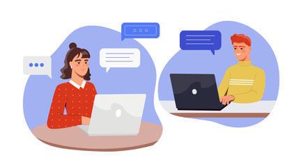 Poster - Business negotiation concept. Man and woman with laptops. Collaboration and cooperation, partnership. Poster or banner. Cartoon flat vector illustration isolated on white background