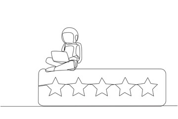 Poster - single continuous line drawing young happy astronaut sitting on rating board typing laptop computer.