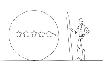 Poster - Single continuous line drawing robot stands holding a large pencil and next to is large circle encircling all 5 stars. Five star rating positive feedback. AI tech. One line design vector illustration