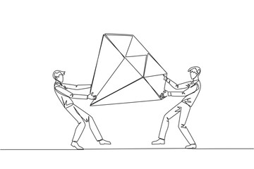 Poster - Single continuous line drawing two selfish businessman fighting over the big diamond. Fight over diamond mines that make profit boost for entrepreneur. Conflict. One line design vector illustration