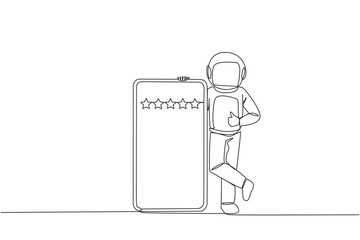 Poster - Single continuous line drawing astronaut stands casually next to a large smartphone, other hand giving a thumbs up gesture. Give review five star. Cosmonaut deep space. One line vector illustration