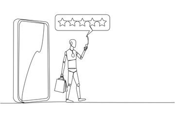 Poster - Single one line drawing robot comes out of big smartphone carrying a shopping bag, the other hand typing smartphone. Online shopping concept. AI tech. Continuous line design graphic illustration