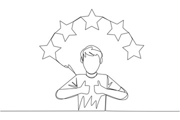 Poster - Continuous one line drawing man giving two thumbs up, above head there are 5 stars forming semicircle. Exciting online shopping experience. Review 5 stars. Single line draw design vector illustration