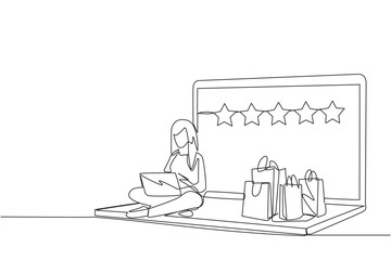 Poster - single continuous line drawing happy woman sitting on giant laptop typing on laptop computer. bought