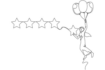 Poster - Continuous one line drawing young Arabian man flying with  balloon carry 1 star and wants to align it with the other 4 stars. Trying to give perfect rating. Single line draw design vector illustration