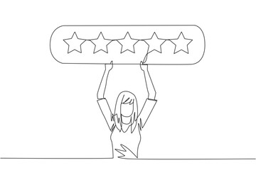 Poster - Single one line drawing young happy woman holding rating board which contains 5 stars. Star rating. Positive review. Online shopping with give 5 rating. Continuous line design graphic illustration