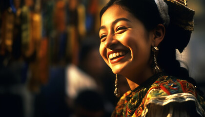 A young woman smiling, enjoying traditional festival outdoors, looking confident generated by AI