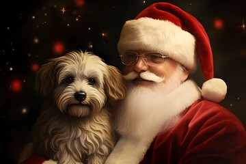  santa claus with dog, Santa Claus holding his cute pet dog, Santa Claus and Adorable Pet Dog: Heartwarming Holiday Image for Festive Designs
