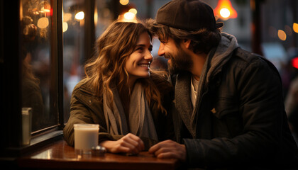 Sticker - Young couple enjoying a warm coffee in a cozy bar generated by AI