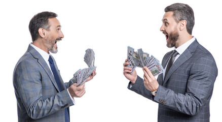 businessmen business men millionaire with money dollar cash isolated on white