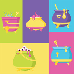 Set of halloween witch cauldron icons Vector illustration