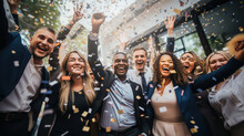 A Happy Diverse Team Of Startup Business People Celebrate Their Business Success Amidst Confetti.