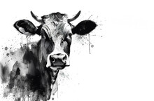 Black And White Watercolor Painting Of A Cow On A White Background. Farm Animals.