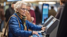 Senior Woman Using Credit Card In A Store; Elderly Person Costumer Smiling And Paying With Card In A Shop; Mature Grandmother Shopping In A Mall