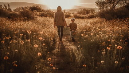 Canvas Print - Family bonding in nature, enjoying carefree vacations in springtime meadow generated by AI