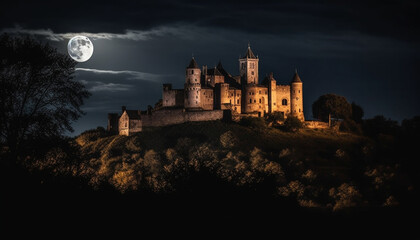 Poster - Medieval ruin illuminated by moonlight, a spooky gothic silhouette generated by AI