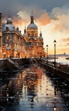 Breathtaking Winter Scene Of St. Petersburg's Historic Buildings Reflected On The Icy Canal.