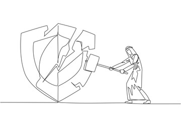 Poster - single one line drawing arab businessman preparing to hit shield. rampage. system is undermined by b