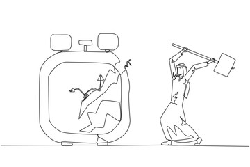 Poster - Single one line drawing Arab businessman preparing to hit big alarm clock. Can't manage time well. Many business opportunities disappear. Angry businessman. Continuous line design graphic illustration