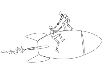 Poster - Single one line drawing robot helps colleague climb the flying rocket. Metaphor help in managing company branches. Skyrocketed like the previous business. Continuous line design graphic illustration