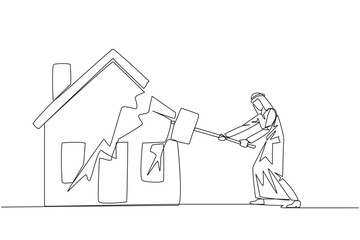 Wall Mural - Single one line drawing Arabian businessman preparing to hit miniature house. Metaphor of house as collateral for payment. Fails. Home is gone. Bankrupt. Continuous line design graphic illustration