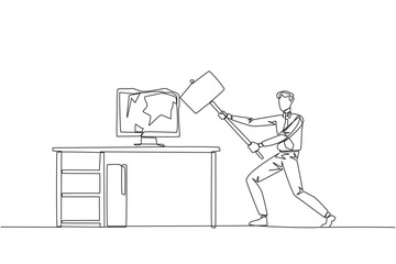 Poster - Single continuous line drawing businessman preparing to hit the computer monitor on the work desk. Stocks that don't rise. Didn't get any profit. Anger escalated. One line design vector illustration