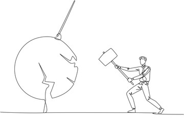 Poster - Single one line drawing businessman preparing to hit a big swinging pendulum. Metaphor eliminate business distractions. Number one to be a business keeper. Continuous line design graphic illustration