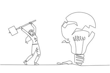 Poster - single continuous line drawing businesswoman preparing to hit the big lightbulb. the thrashing anger