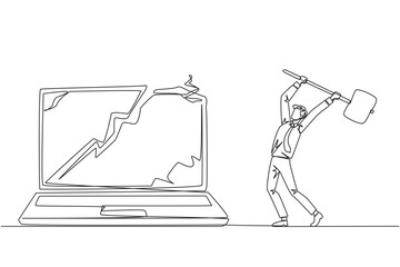 Poster - Single one line drawing businessman preparing to hit laptop. Rampage. Destroying technology that cannot be used optimally. Upgrade hardware and brainware. Continuous line design graphic illustration