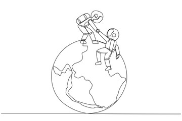 Poster - Continuous one line drawing young astronaut helps colleague climb big globe. Metaphor of reaching top of the world through increasing business. Teamwork. Single line draw design vector illustration