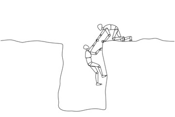Poster - Single one line drawing smart robotic helps colleague climbing a wide hole. Teamwork helps colleague who fallen. Inviting success together. Cohesive AI. Continuous line design graphic illustration