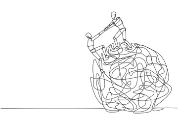 Poster - Single one line drawing smart robot helps colleague climbs the big heavy messy circle. Teamwork eliminates anxiety. Eliminate stress to focus on business. Continuous line design graphic illustration