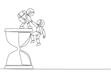 Poster - continuous one line drawing young astronaut helps colleague climb big hourglass. have many assignmen