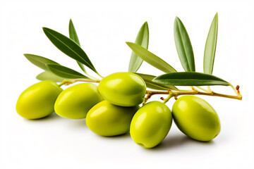 Poster - Close-up green olives with leaves isolated on white background