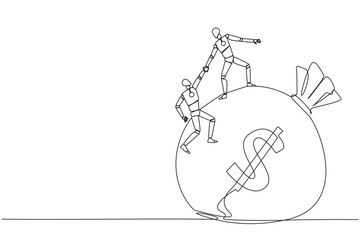 Poster - Single one line drawing robot helps colleague to climb the big money bag. Collaborate to gain mutual benefit. Stronger together. Great teamwork. Cohesive. Continuous line design graphic illustration